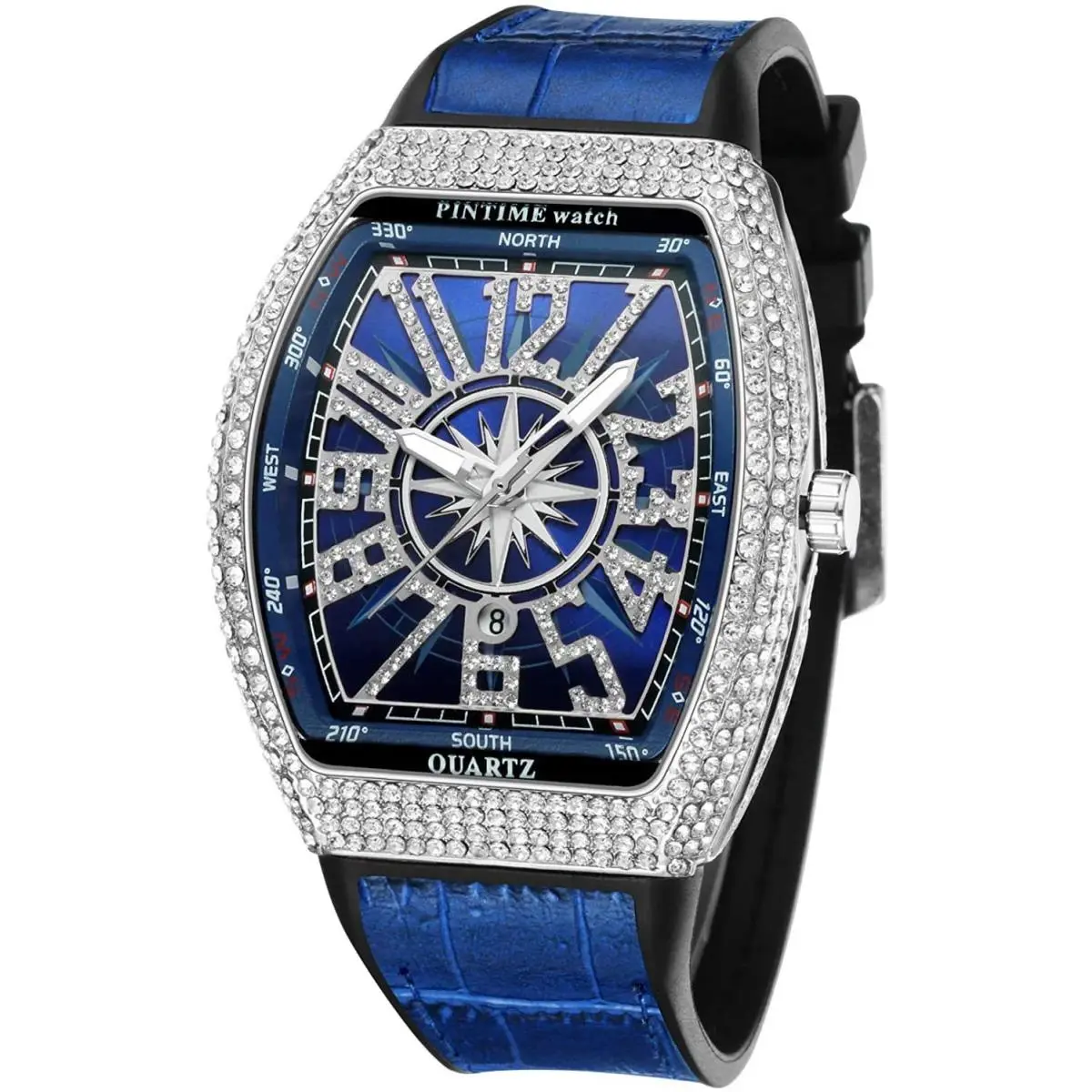 Fanmis Mens Skull Big Face Watches Rectangle Punk Diamond Dial Silver Blue