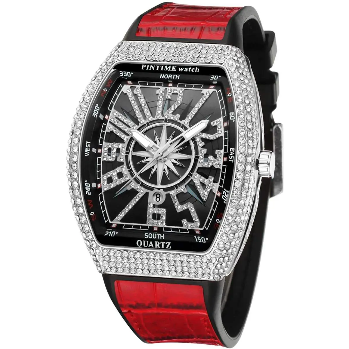 Mens Skull Big Face Watches Rectangle Punk Diamond Dial Rose Red by Fanmis