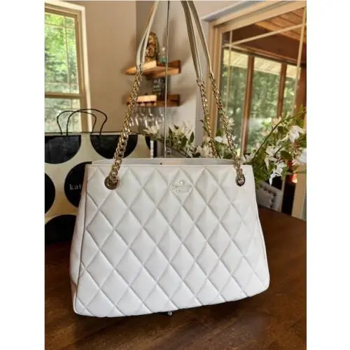 Kate Spade Carey Quilted Leather Large Tote Bag Chain Shoulder In Parchment