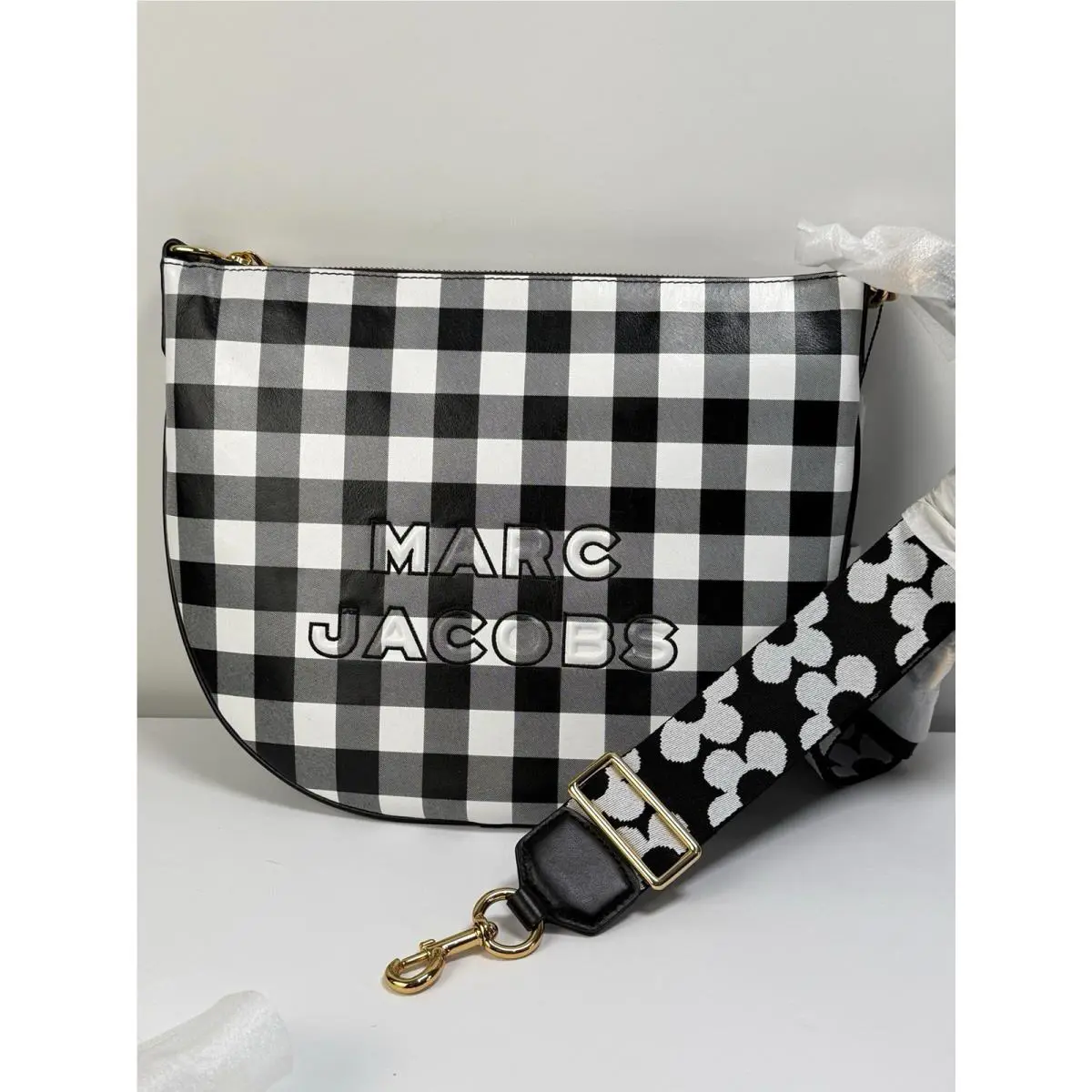 Marc Jacobs Mini Gingham Leather Crossbody Bag Pouch Black White