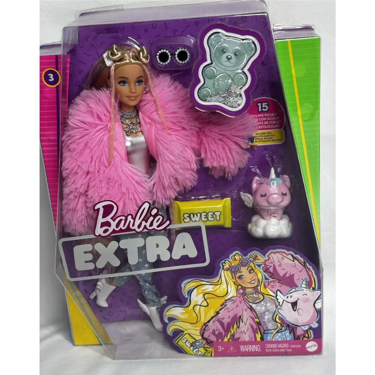 Barbie Extra Doll 3 Pink Fluffy Coat w/ Pet Unicorn Pig Nrfb Mattel