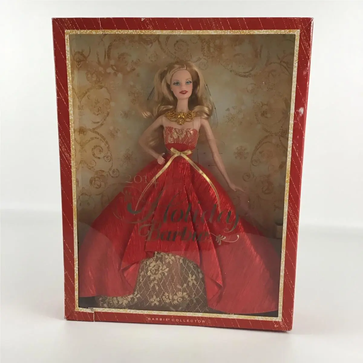 Barbie Collector 2014 Holiday Barbie Fashion Doll Red Gold Gown Stand Mattel