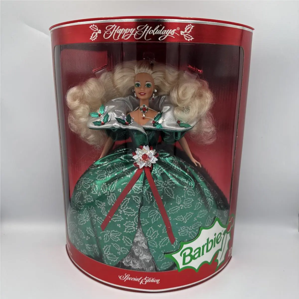 Vintage 1995 Holiday Barbie - Emerald Green Satin Gown - Nrfb Mattle