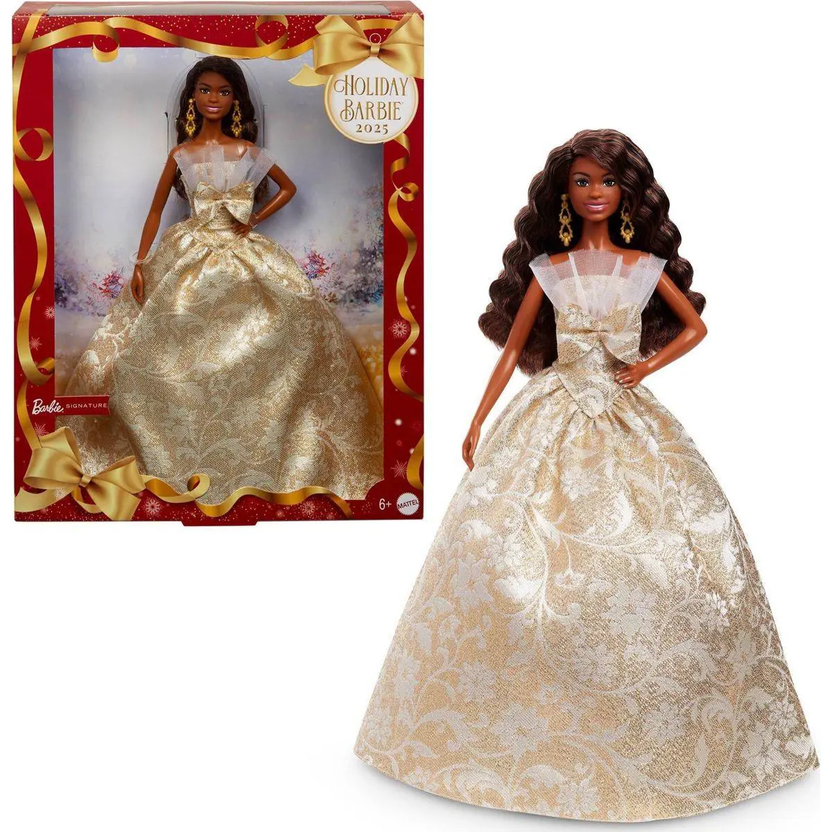 2025 Holiday Black Hair Fashion Barbie Signature Doll Wearing Silver Gold Gown