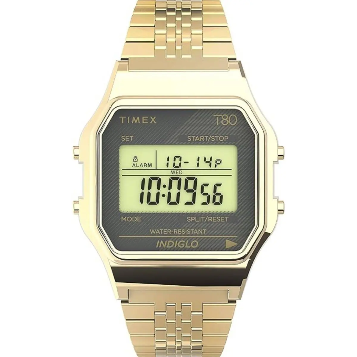 Timex Unisex Watch T80 Alarm Grey Digital Dial Yellow Gold Bracelet TW2U93500YB