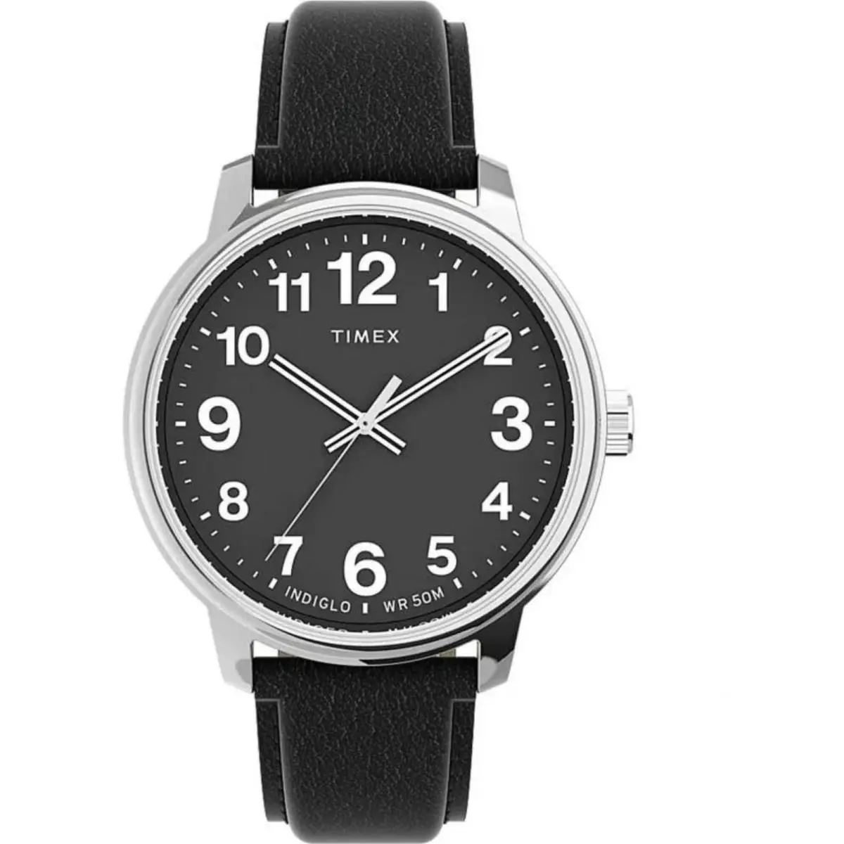Timex Men`s Watch Easy Reader Quartz Silver Case Black Leather Strap TW2V214009J