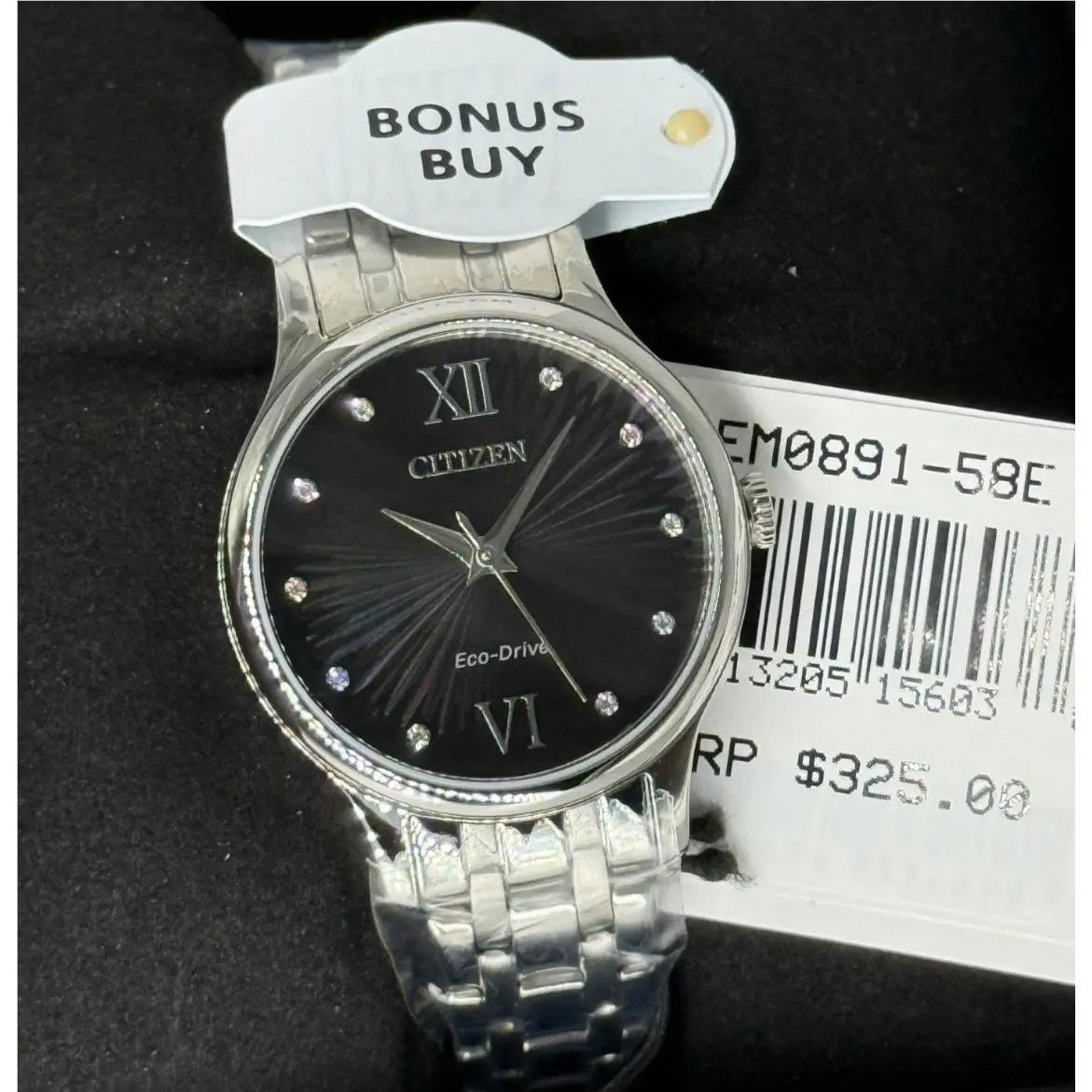 Citizen Eco Drive Women Watch Black Dial Dimond Silver Stainless Steel
