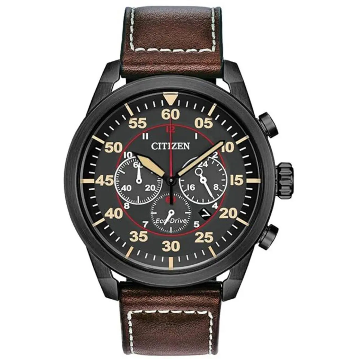 Citizen Men`s Watch Avion Eco-drive Black Dial Brown Leather Strap CA4215-47E