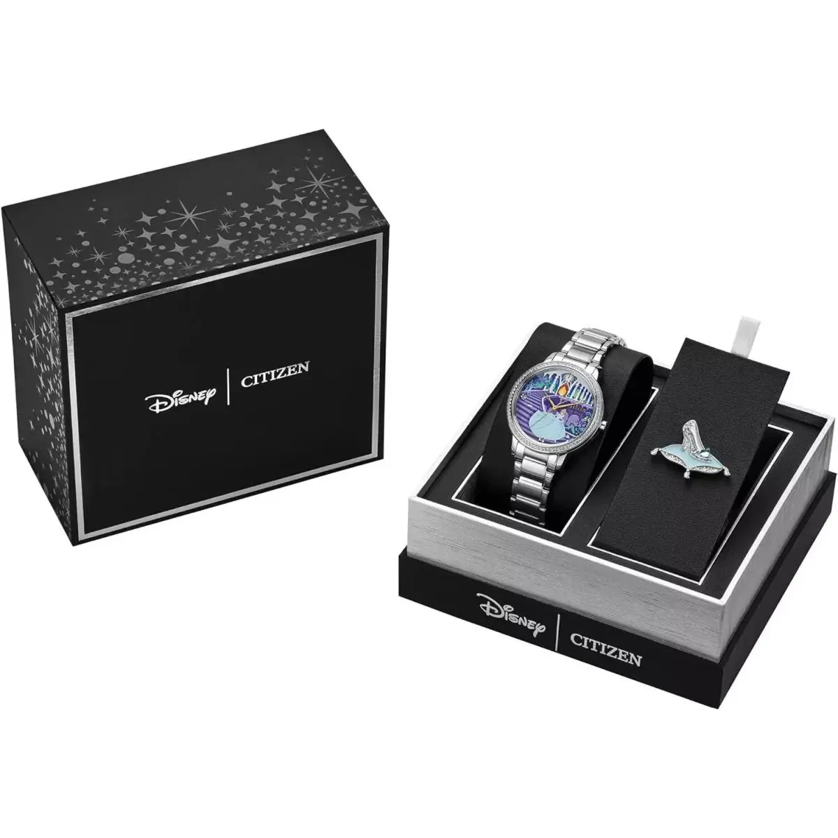 Citizen FE7041-51W Cinderella Disney Princess Watch Collectible Ped Set - Dial: Blue, Multicolor, Band: Silver, Bezel: Silver