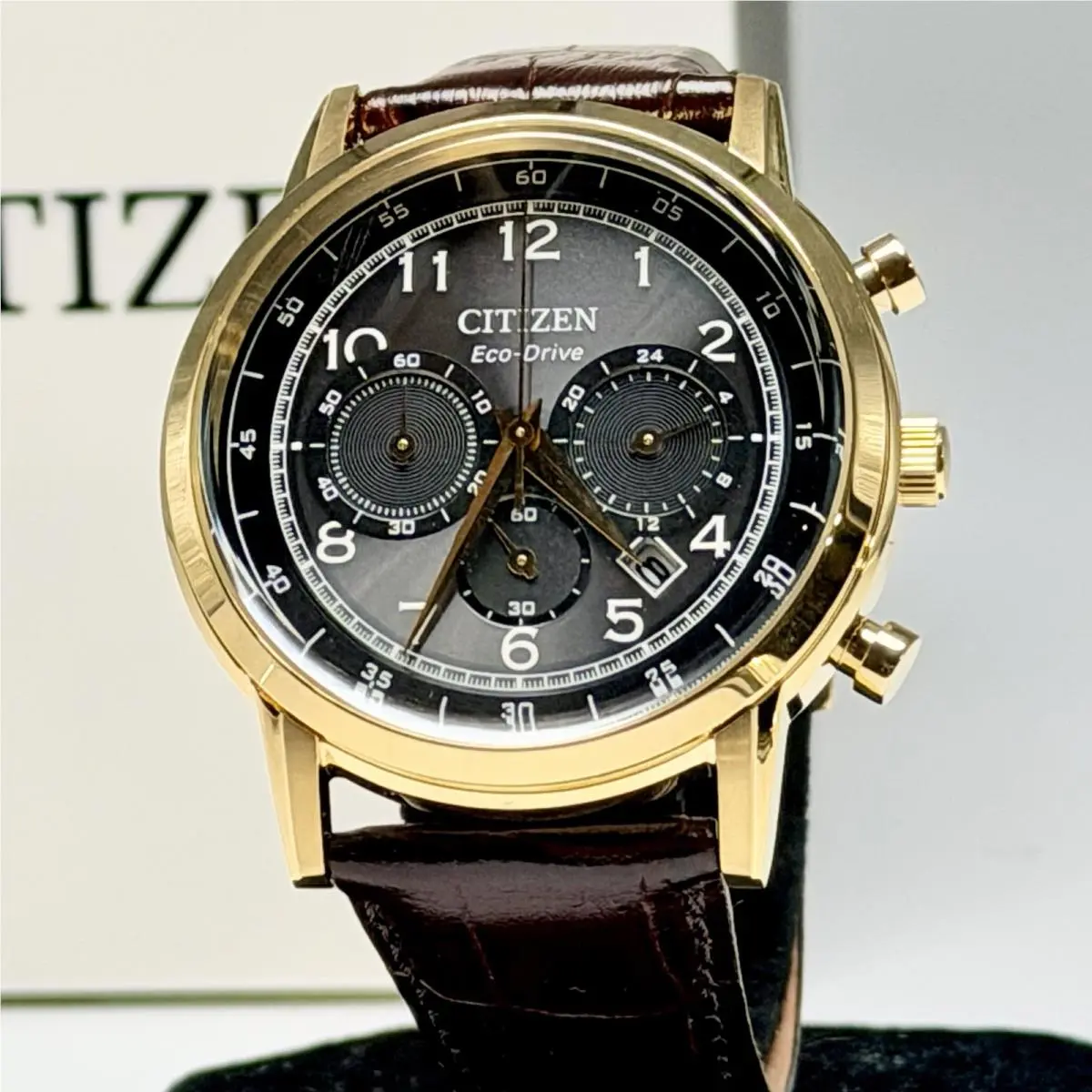 Citizen Classic Eco Drive Gold Chronograph Black Dial 42mm Watch CA4632-07E