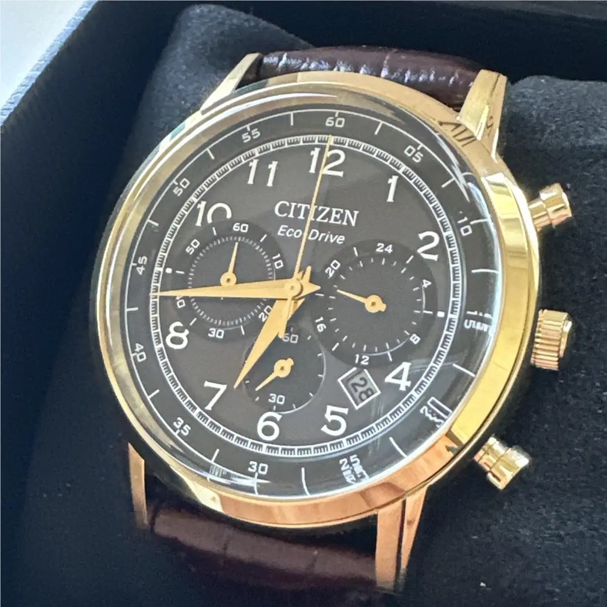 Citizen Eco Drive Classy Men Chronograph Brown Leather 42MM Watch CA4632-07E