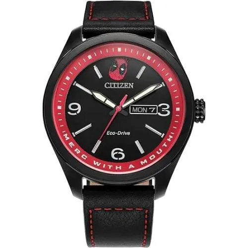 Citizen AW0145-02W Marvel Deadpool Black Dial Black Leather Band Men`s Watch