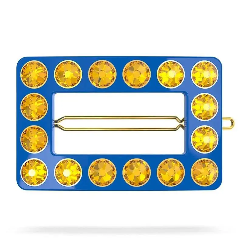 Swarovski Rectangular Crystal Hair Barrette Blue Yellow Gold Tone Hair Accessory