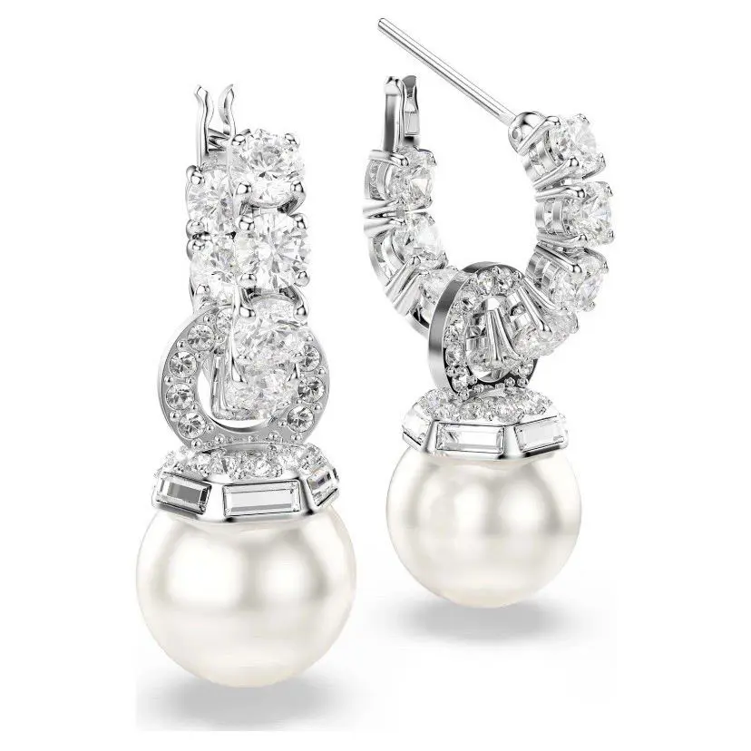 Swarovski Matrix Drop Earrings Crystal Pearl Round Cut White Rhodium Plated