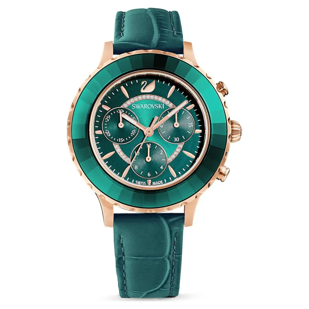 Swarovski Swrovski Crystal Octea Lux Chrono Watch Leather Strap Rose Gold Green 5452498