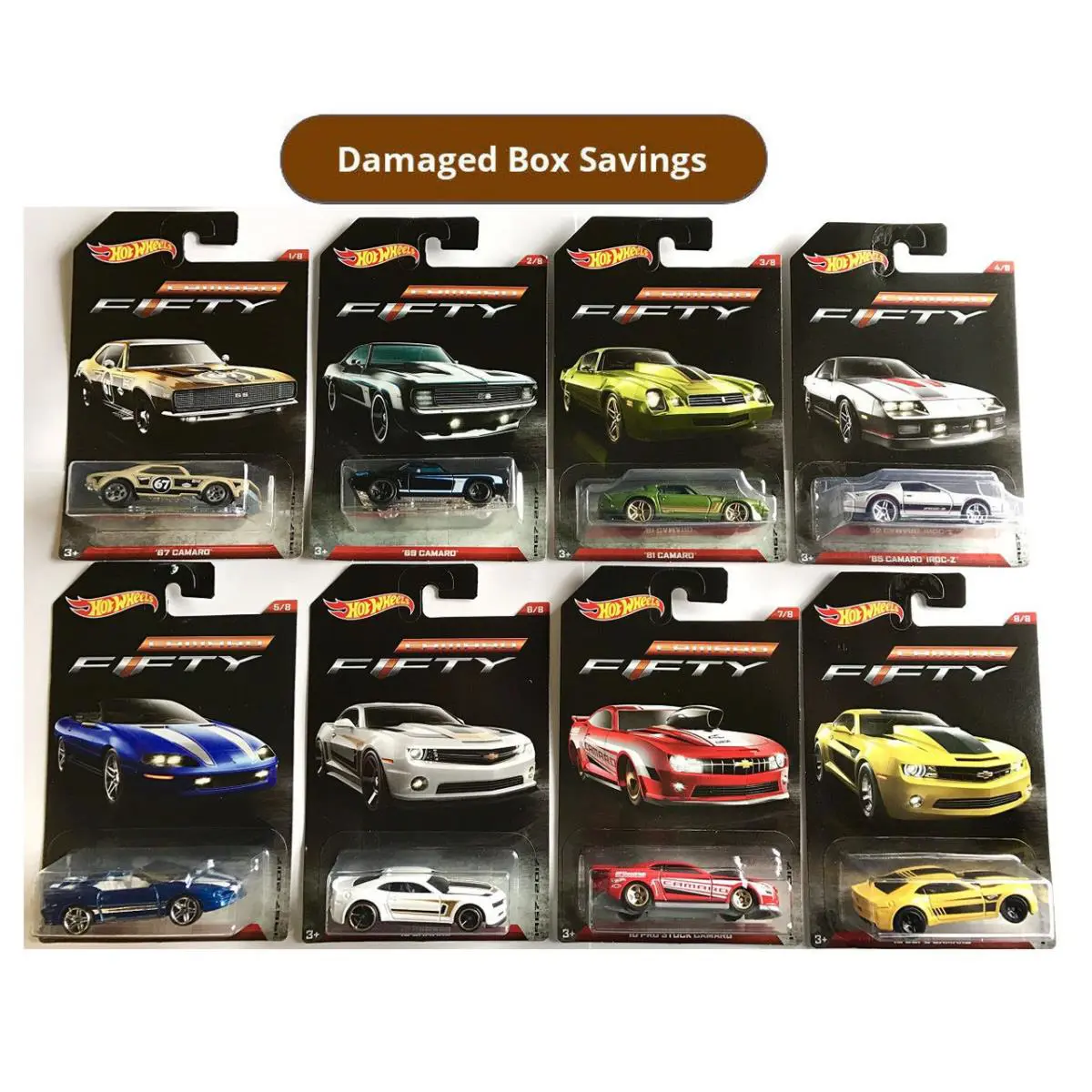 Hot Wheels Camaro Fifty 1967-2017 Exclusive 8 Car Set Damaged Packaging