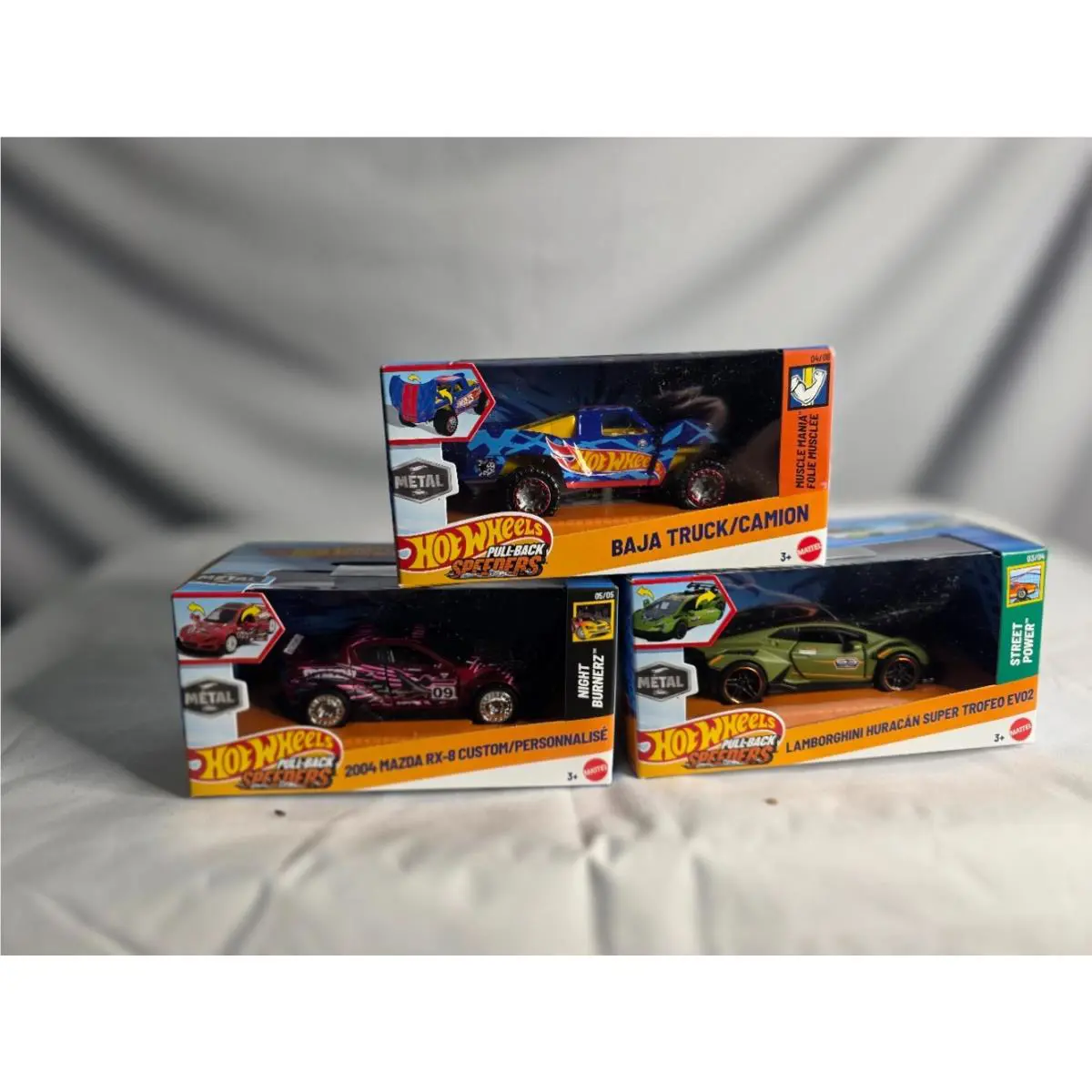 Hot Wheels 2024 Pull-back Speeders Baja Truck Mazda RX-8 and Lamborghini