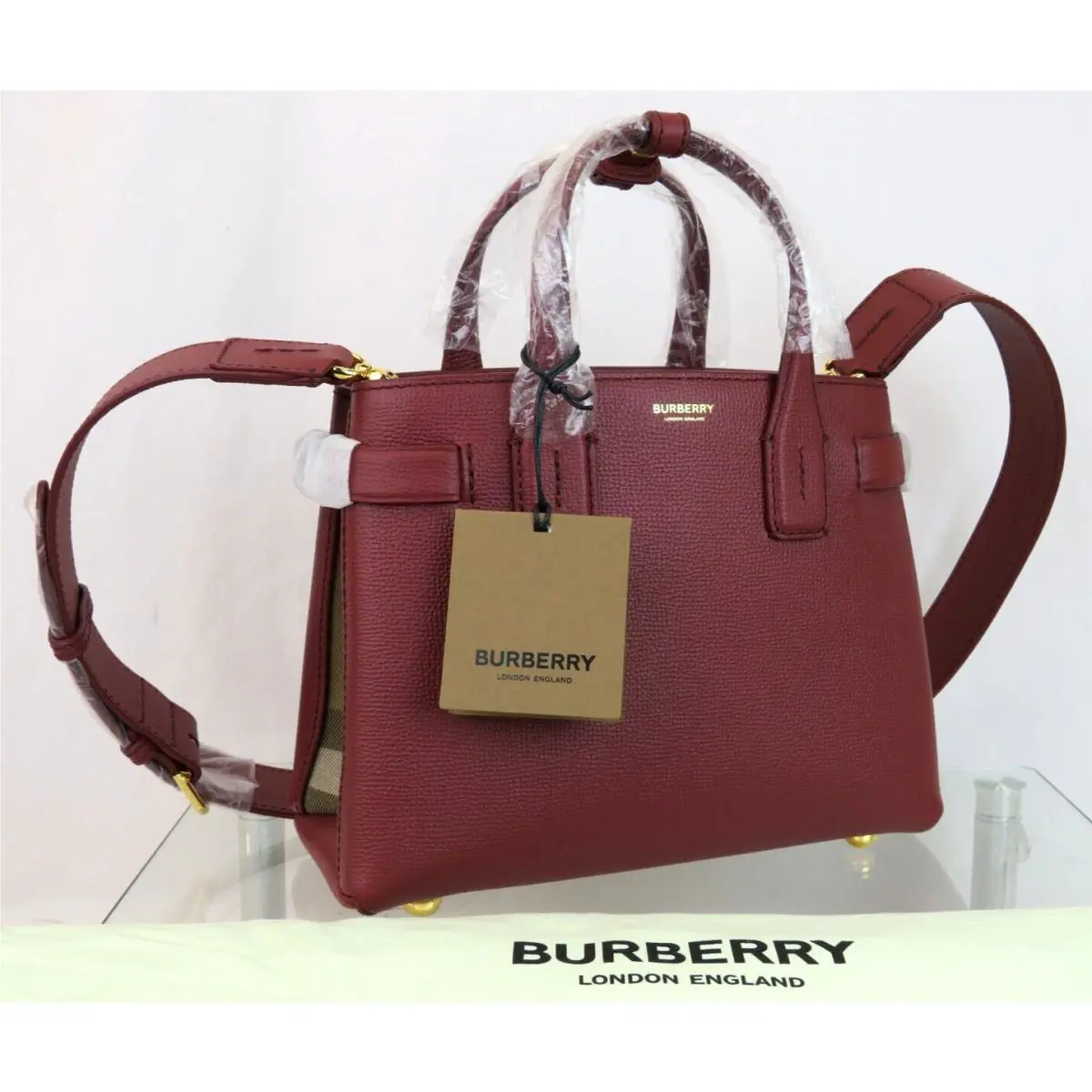 Burberry Banner Crimson Burgund Leather Check Canvas Shoulder Small Bag
