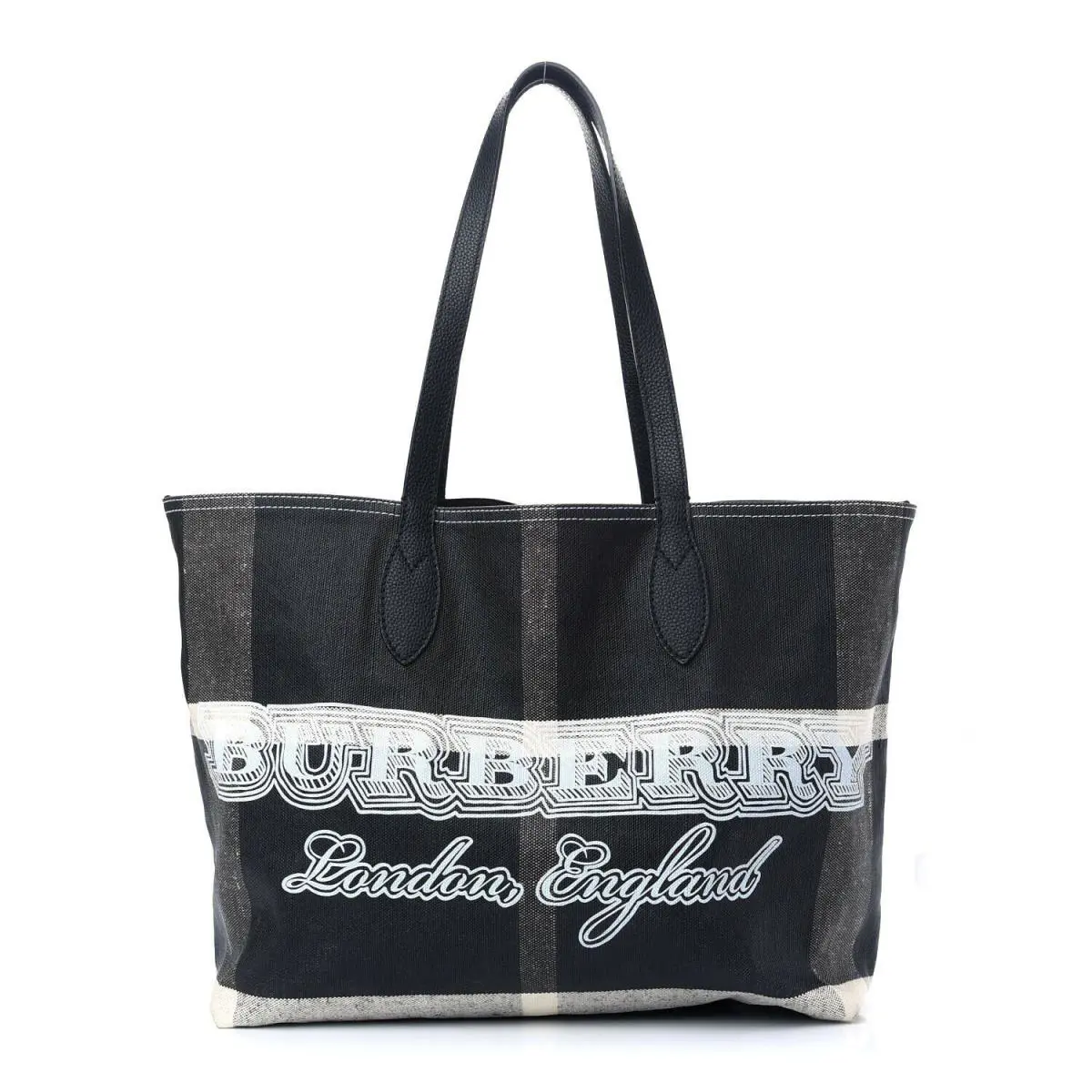 Burberry Doodle Black Reversible Check Logo Coated Canvas Shopping Bag Italy