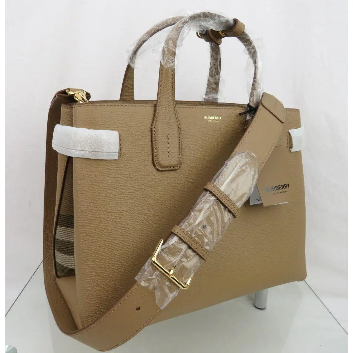 Burberry MD Banner Camel Tan Leather Check Logo Shoulder Medium Tote Bag