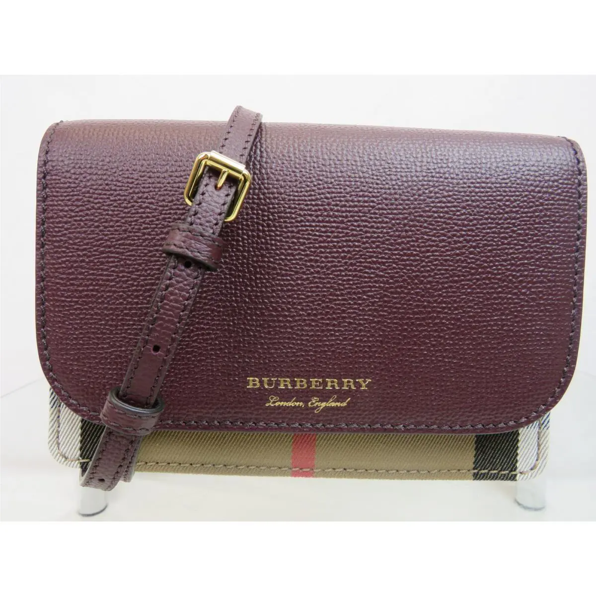 Burberry Hampshire Burgundy Leather House Check Small Crossbody Clutch Bag