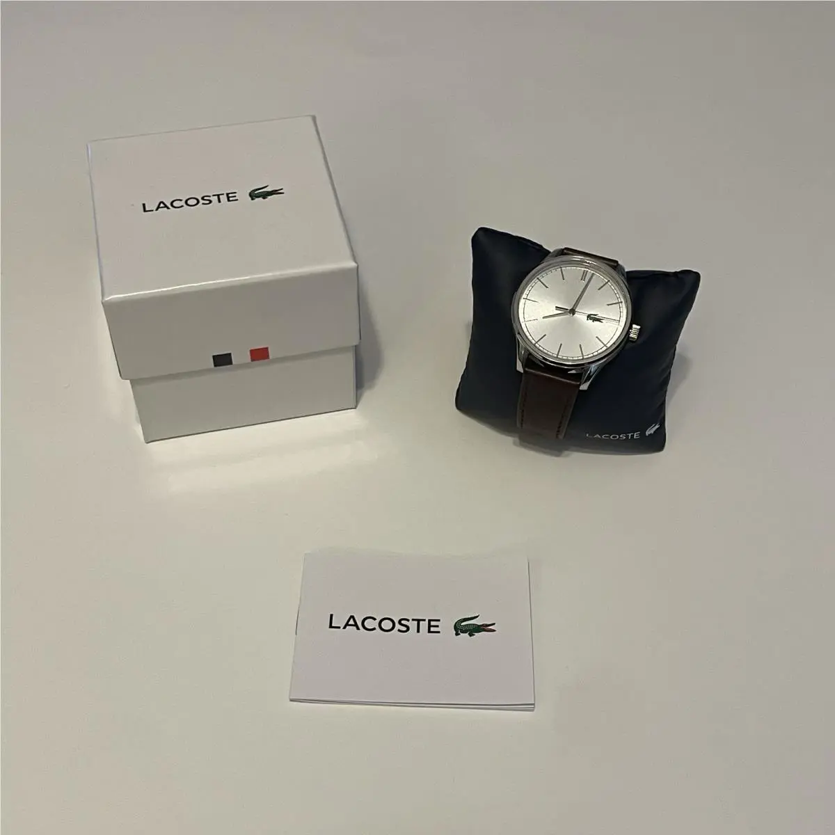 Lacoste Men`s Watch 2011002 Vienna Quartz Silver Dial Brown Leather Band 42mm