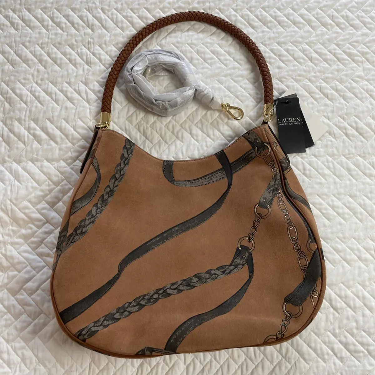 Lauren Ralph Lauren Tan Strap Print Leather Purse Bag Shoulder Strap
