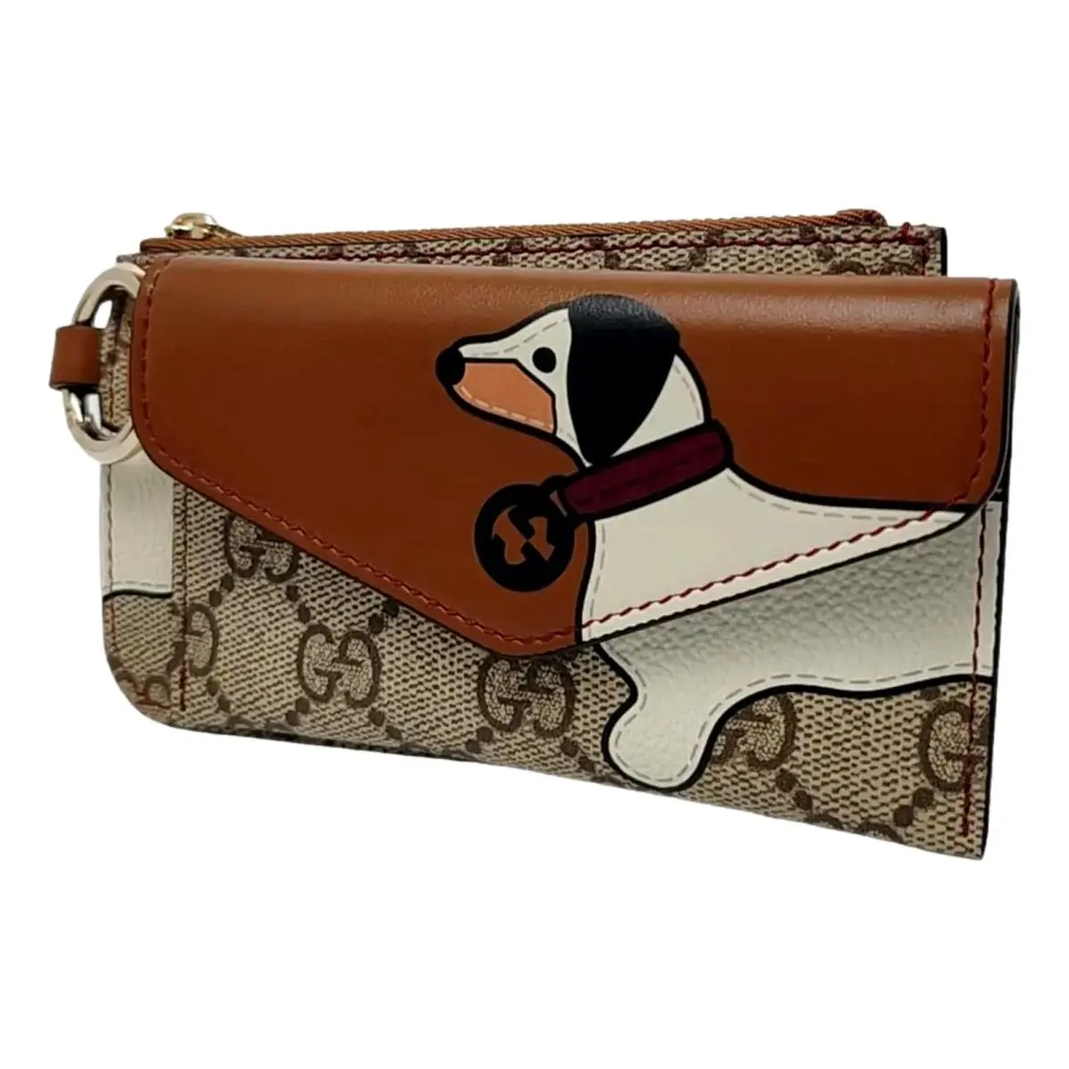 Gucci Dachshund GG Supreme Canvas Brown Leather Card Holder Wallet Lanyard