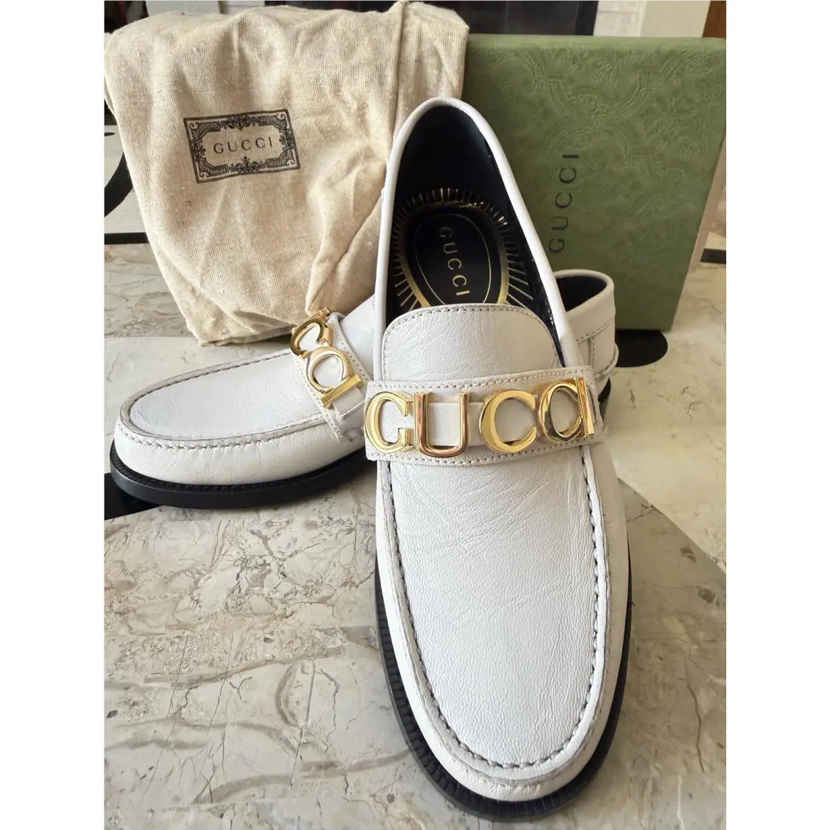 Gucci Women`s Logo Beige Leather Millenial Loafers Shoes EU 36.5 US 6.5