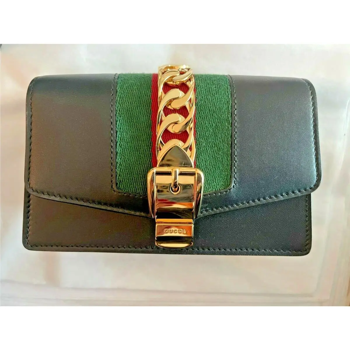 Gucci Black Leather Small Mini Gold Chain Handbag Bag Sylvie Super Web Italy