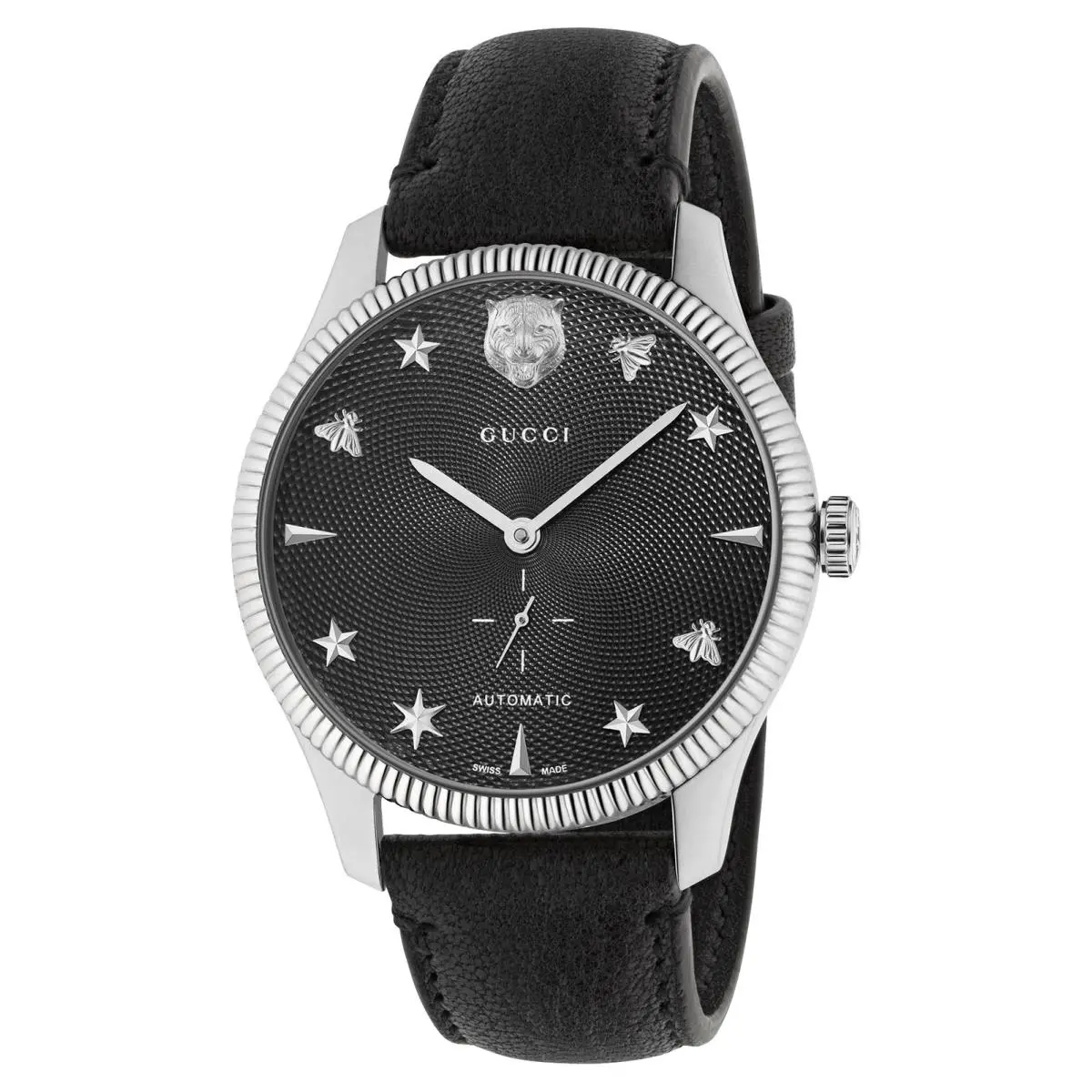 Gucci G-timeless Automatic Steel Black Dial Black Leather Mens Watch YA126365 - Dial: Black, Band: Black, Bezel: Silver