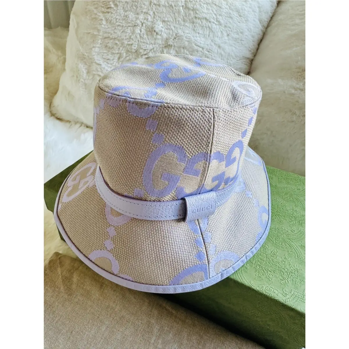 Jumbo GG Bucket Hat Beige/lilac Womens Size S 56cm Dust Bag Box by Gucci