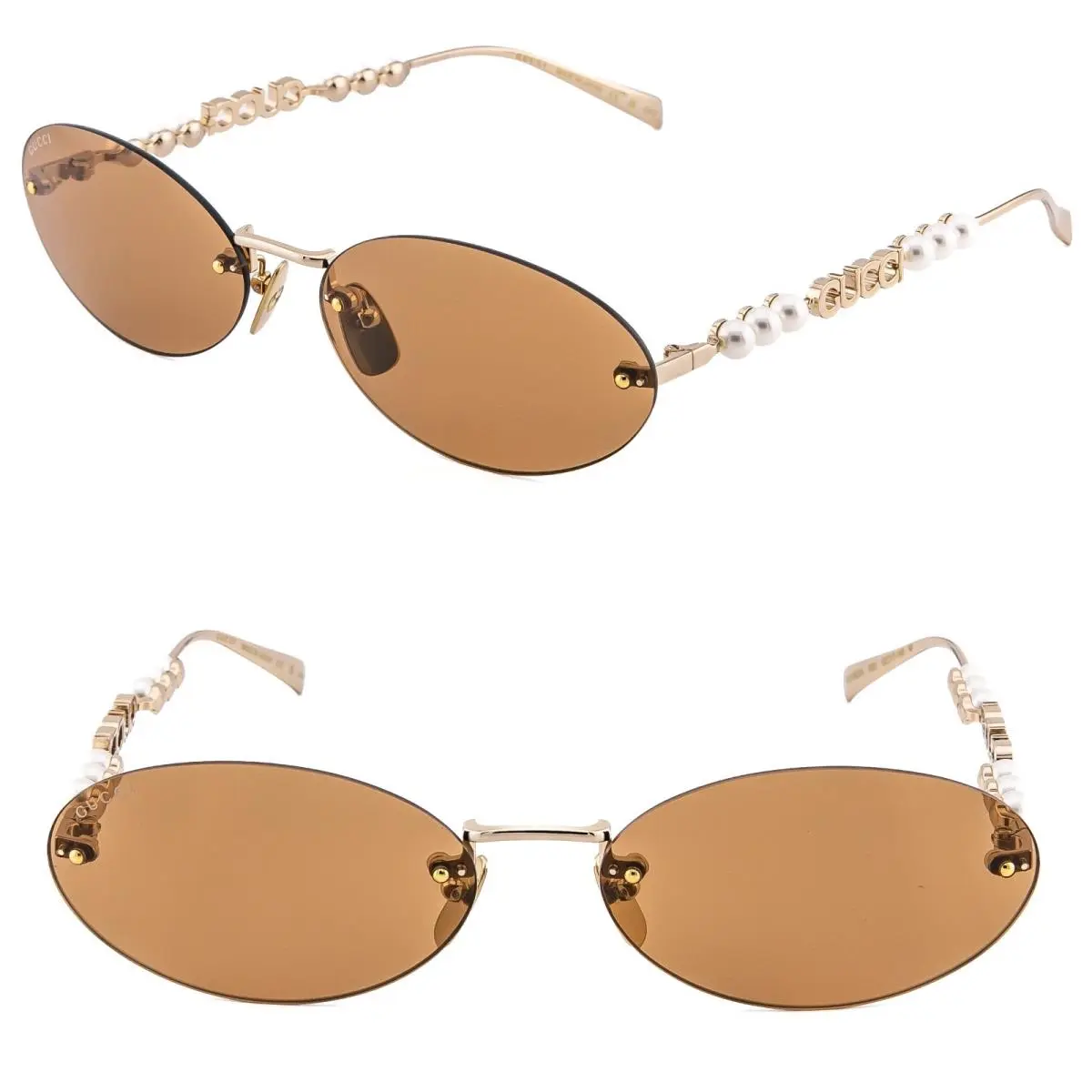 Gucci GG1922S Gold Brown 1922 GG Pearl Logo Oval Rimless Fashion Sunglasses 003
