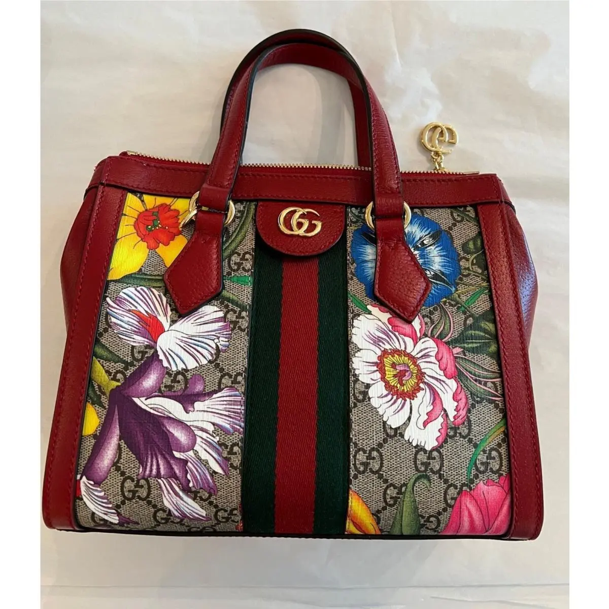 Gucci Ophidia Red Floral Small Tote Leather Canvas Flower Handbag Bag Italy