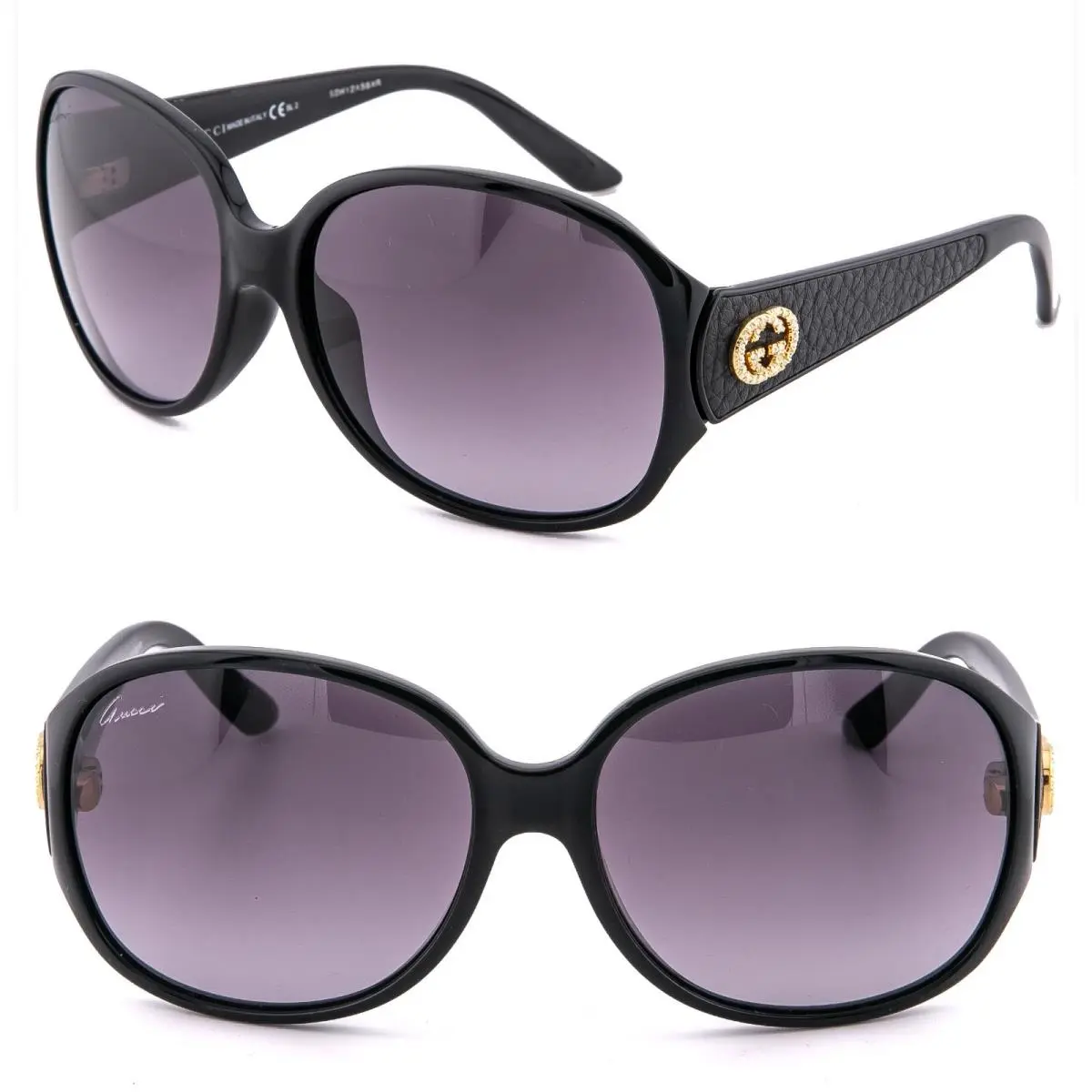 Gucci 3623 Black Leather Gold Crystal Strass Oval Logo Sunglass GG3623NKS GG3623