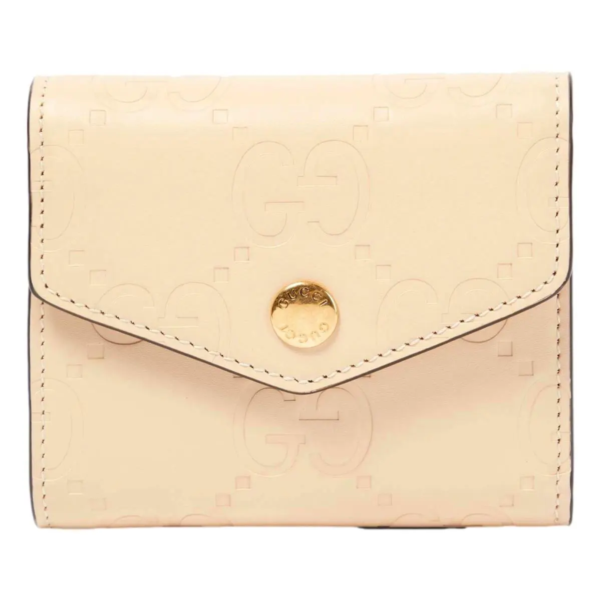 Gucci Gilbert GG Embossed Beige Calf Leather Trifold Wallet Gold Logo Italy