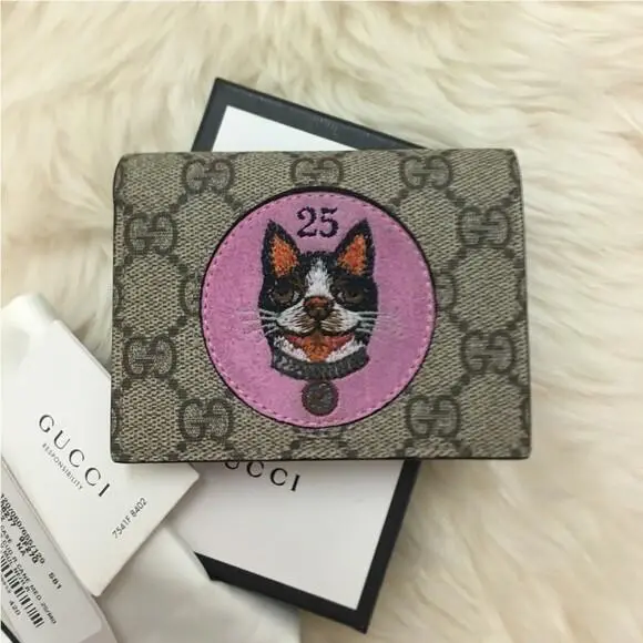 Gucci Dog Brown 25 GG Card Case Pink Leather Small Wallet Red Italy Bosco Bag NW