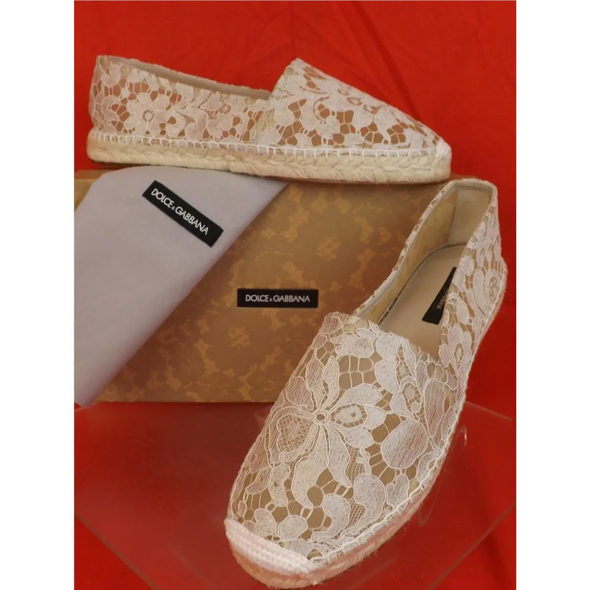 Dolce Gabbana Off White Ice Floral Print Lace Espadrille Flats 40 545
