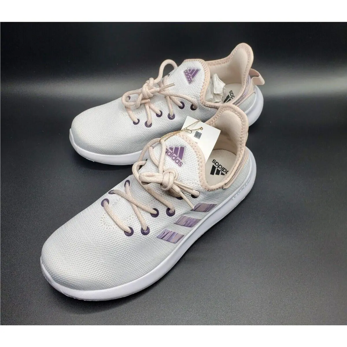 Kids Adidas Cloudfoam Pure Sportswear Shoes Size 6 White/pink/purple