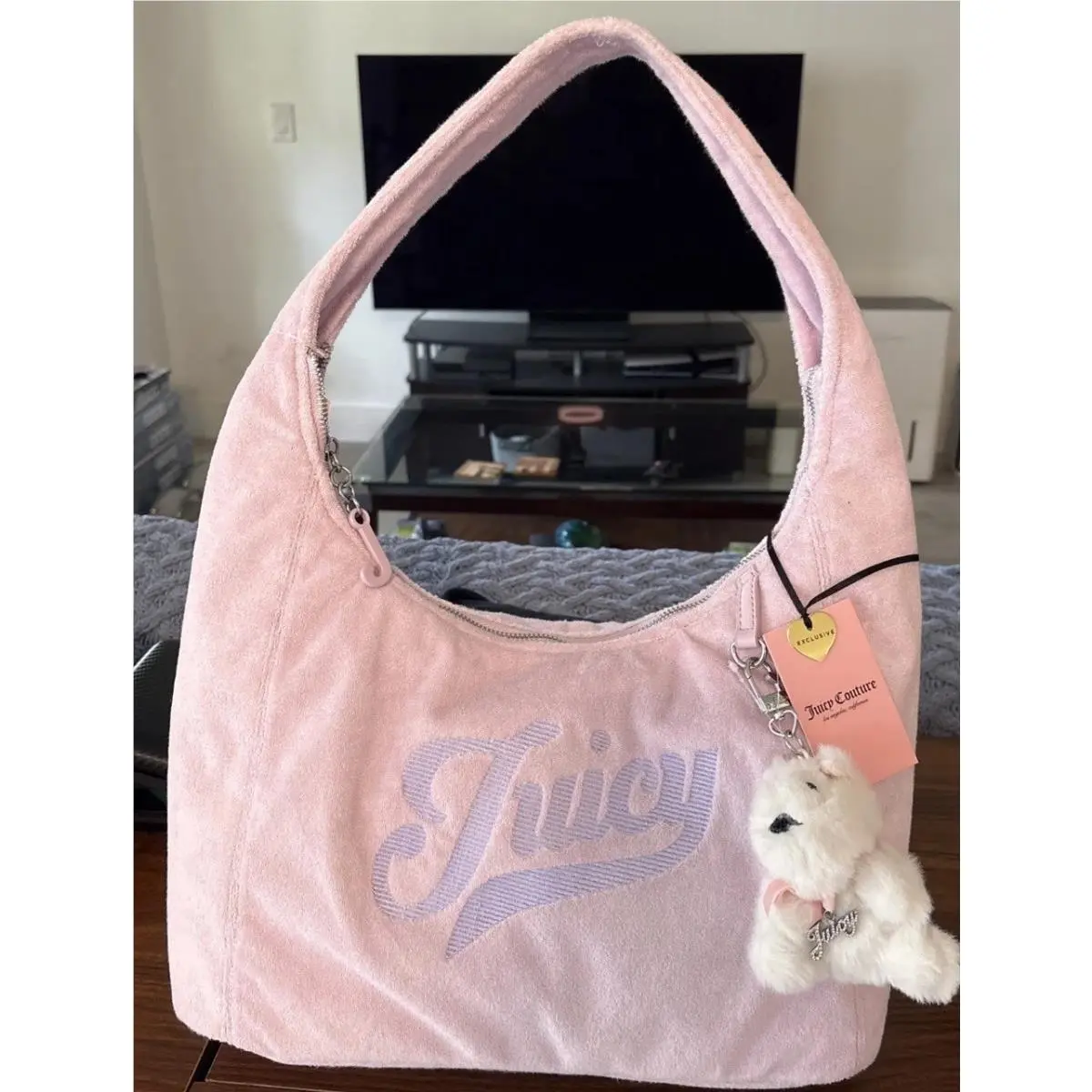Juicy Couture Too Cute Hobo Bag Shoulder Bag Powder Blush Pink Purple Logo