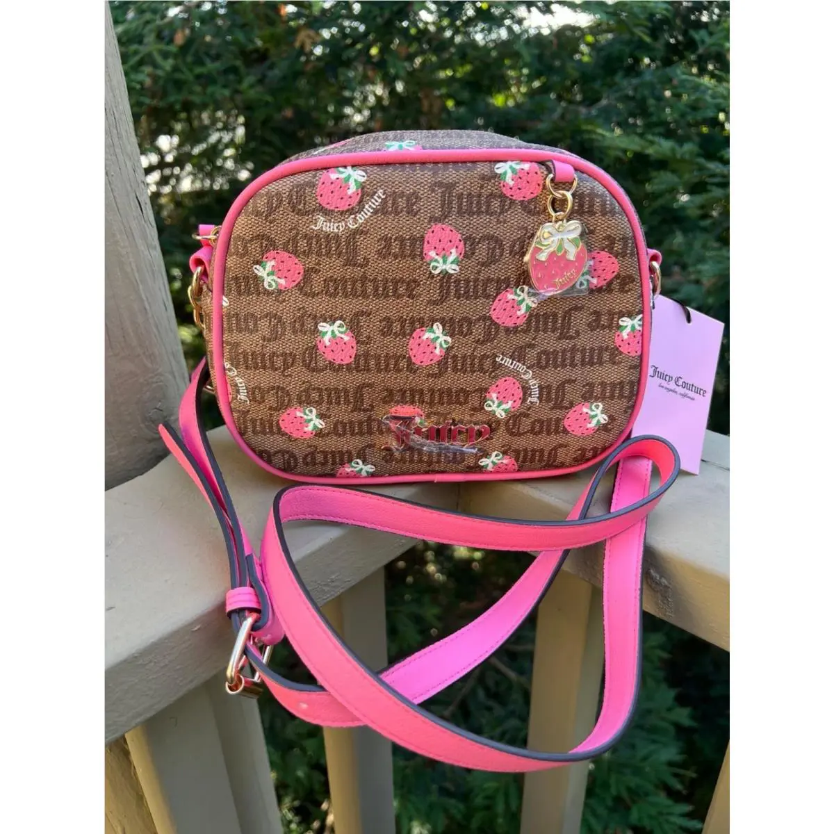 Juicy Couture Berry Sweet Strawberry Print Crossbody Bag Charm Pink Chestnut