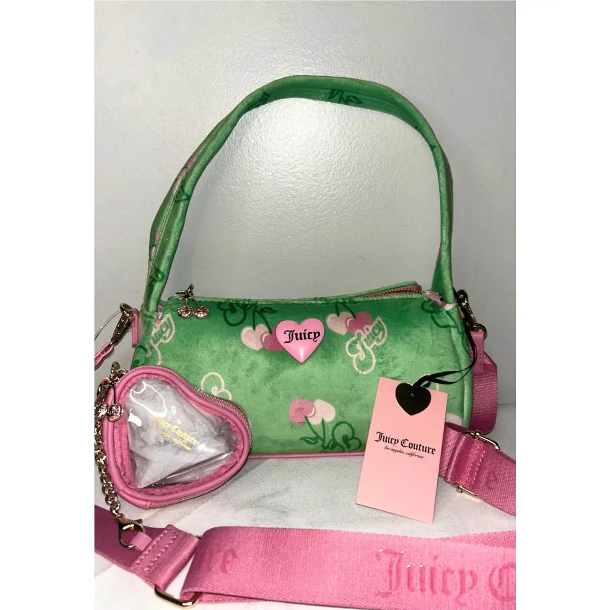 Juicy Couture Velour Retro Cherry Juicy Shoulder Bag Green/pink Multi