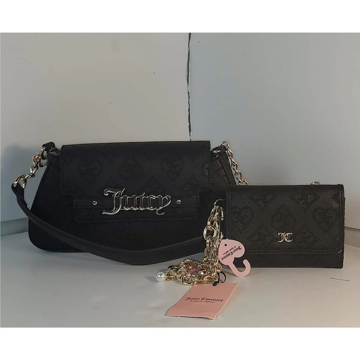 Wallet Set Juicy Couture Black Logo Embossed Women Crossbody Shoulder Bag