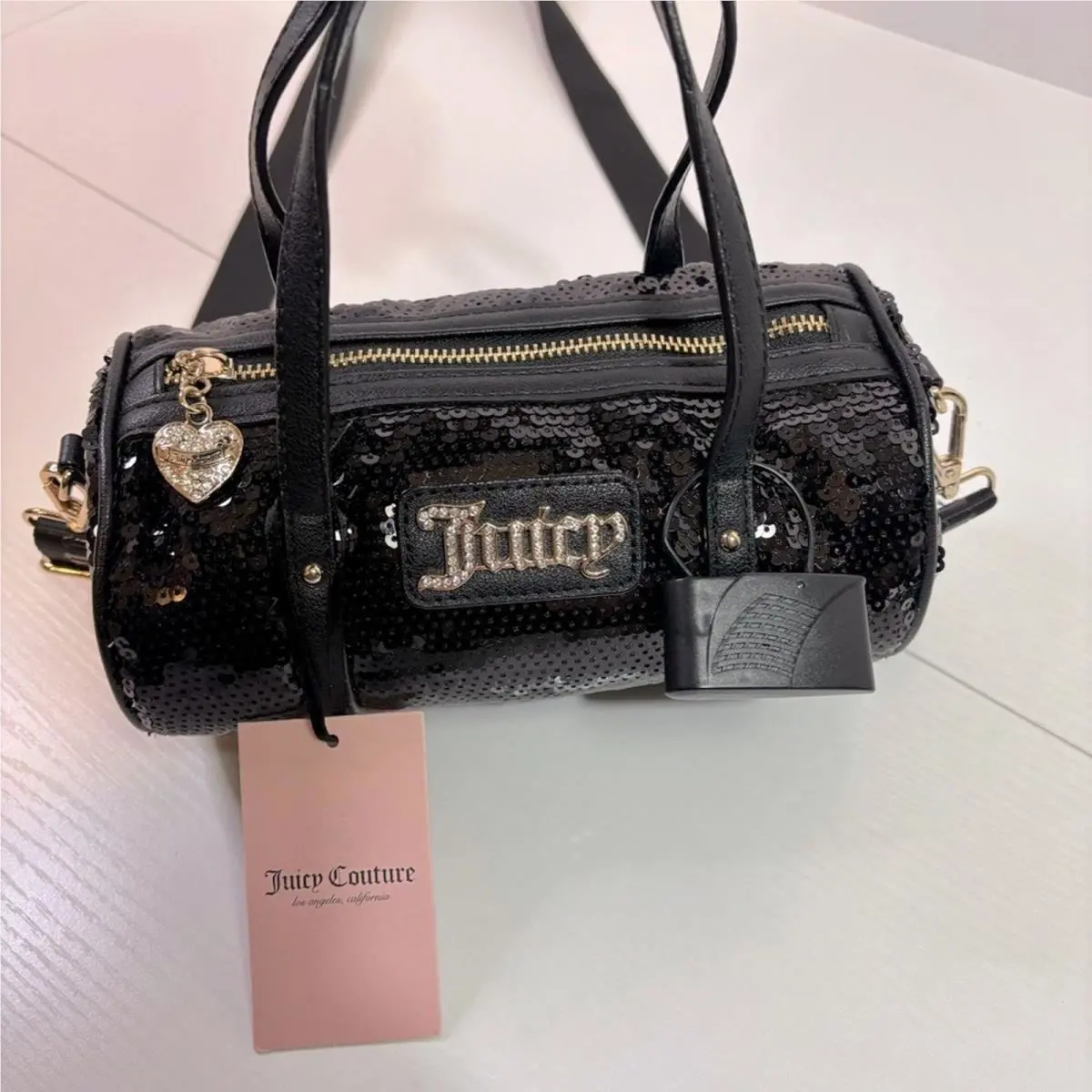 Juicy Couture Y2K Black Crossbody Barrel Bag with Sparkly Sequins Finish