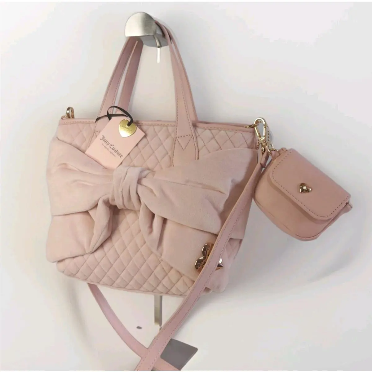 Juicy Couture Tied with a Bow Mini Tote Crossbody Handbag Light Pink Quilted