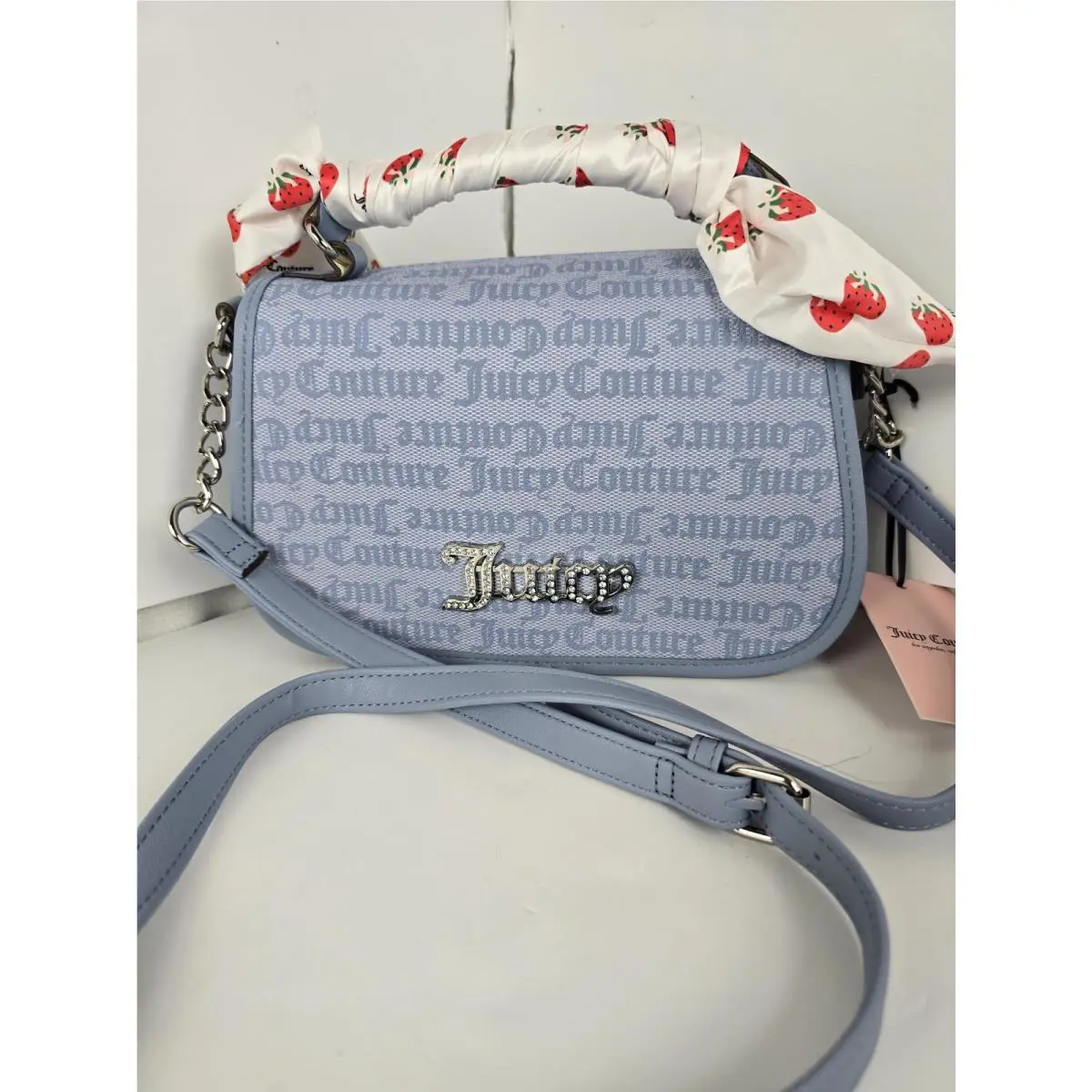 Mother`s Day Juicy Couture Crossbody Blue Monogram Logo Strawberry Scarf