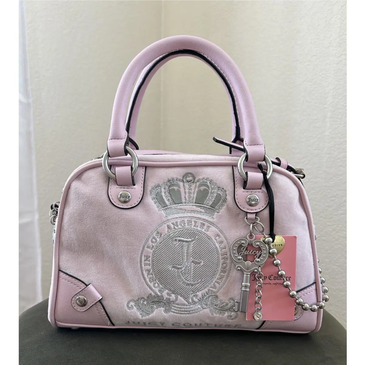 Juicy Couture Pink Silver Crest Lover Bowler Bag w Key