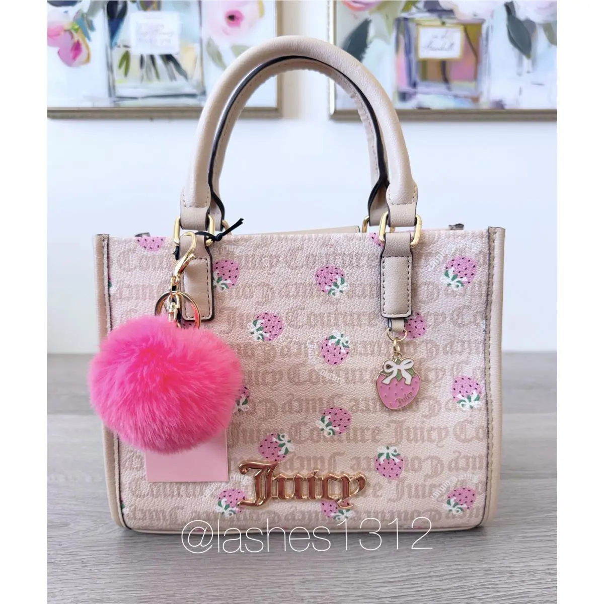 Juicy Couture Bag Berry Sweet Mini Tote - Beige with Strawberry Print