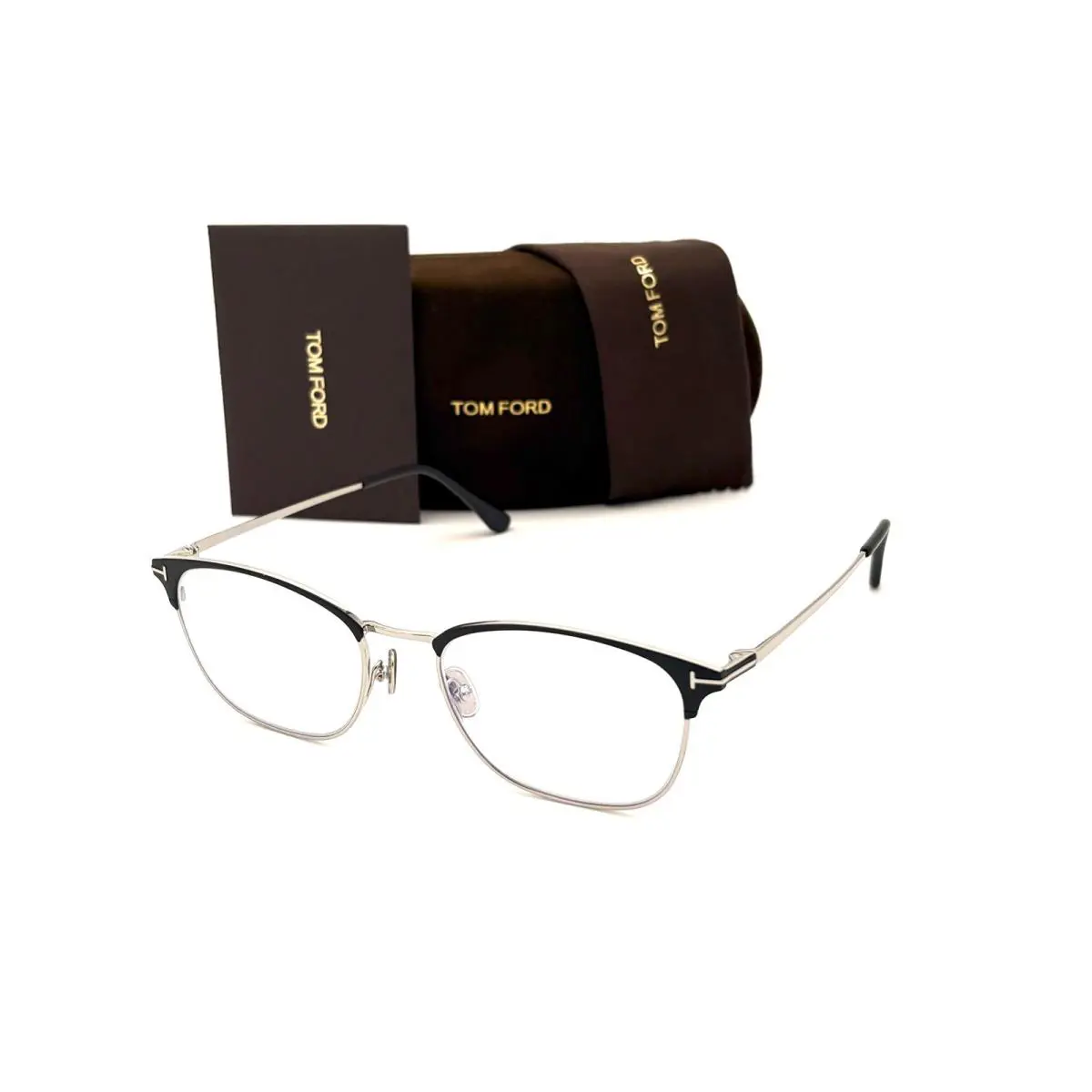 Tom Ford FT5528 002 Black Gold / Blue Block Clear 49mm Eyeglasses TF5528