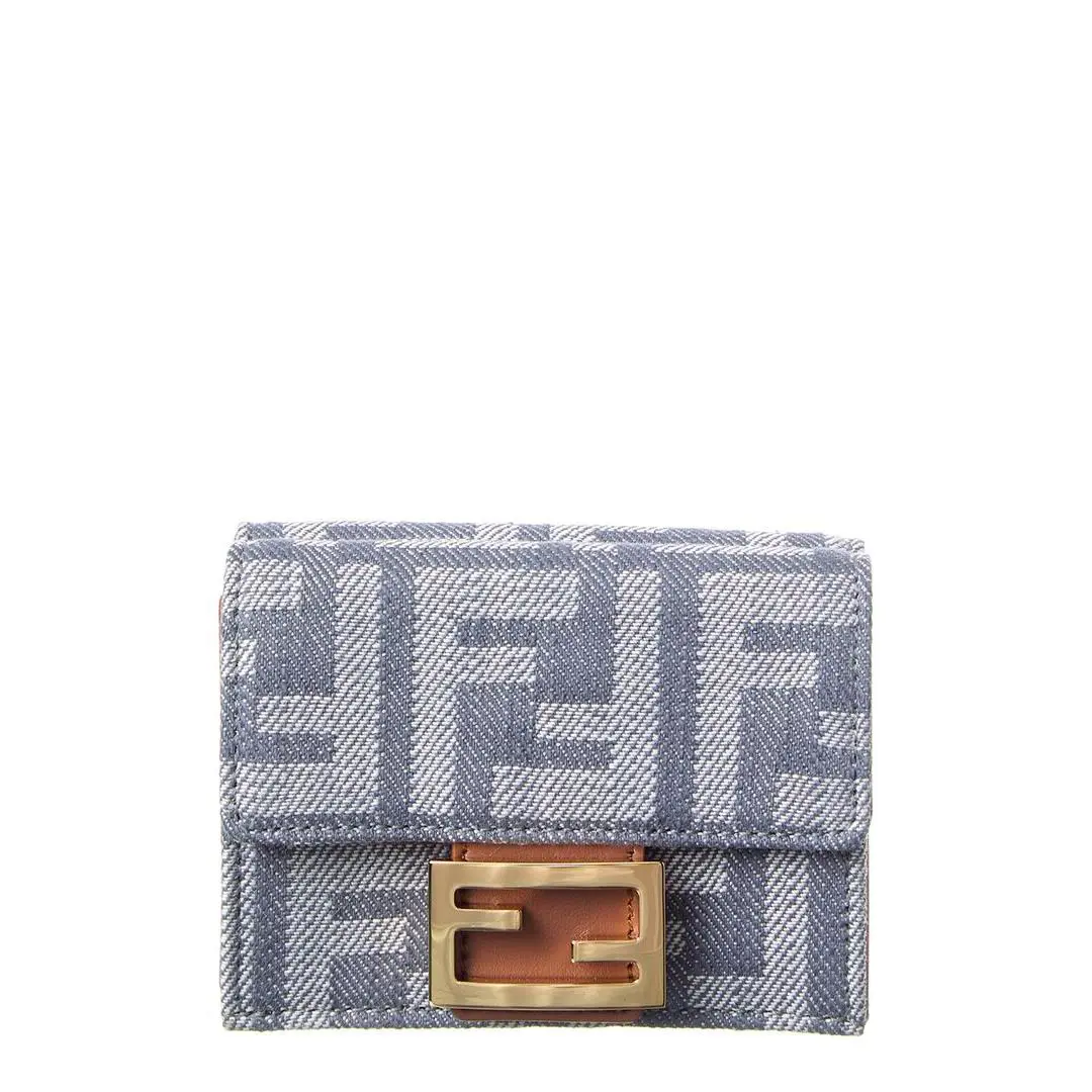 Fendi Baguette Micro Trifold Ff Denim Leather French Wallet Women`s Blue